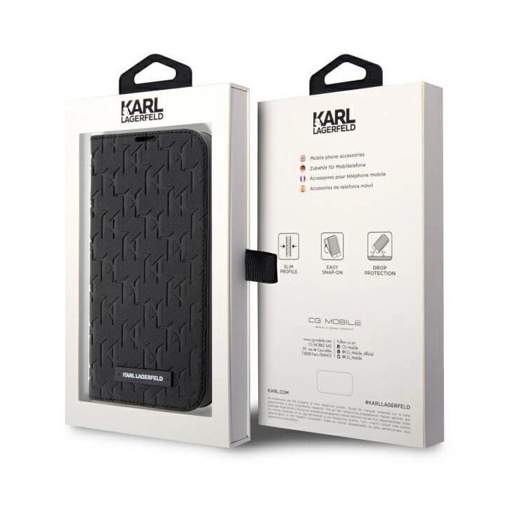 Karl Lagerfeld KLBKP14LSAKLHPK iPhone 14 Pro 6,1 knygų dėklas juoda/juoda Saffiano Monogram