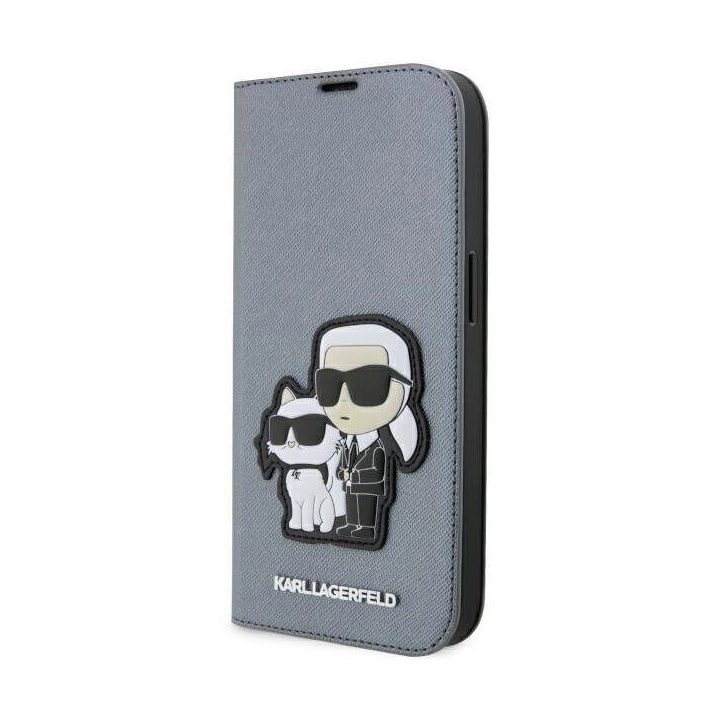 Karl Lagerfeld KLBKP14LSANKCPG iPhone 14 Pro 6,1 knygų dėklas sidabrinis/sidabrinis Saffiano Karl & Choupette