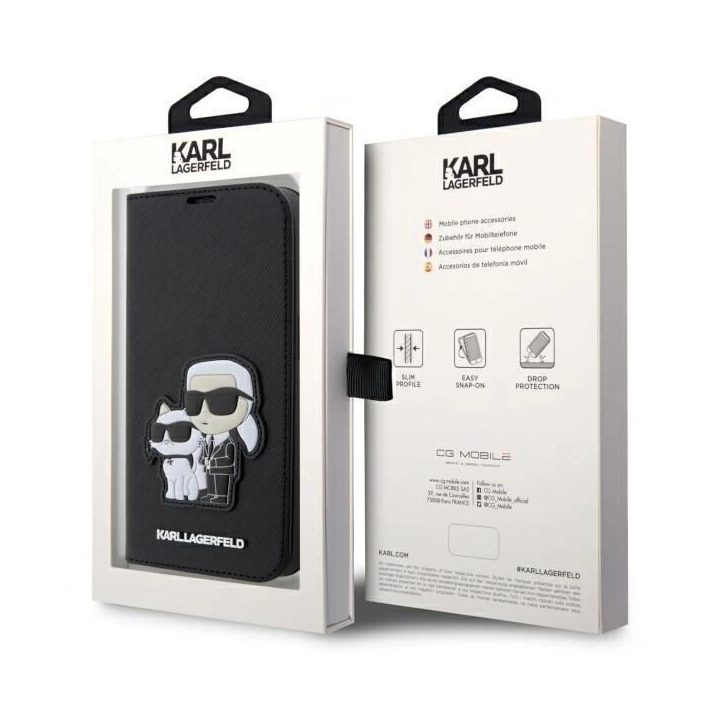 Karl Lagerfeld KLBKP14LSANKCPK iPhone 14 Pro 6,1 knygų dėklas juoda/juoda Saffiano Karl & Choupette