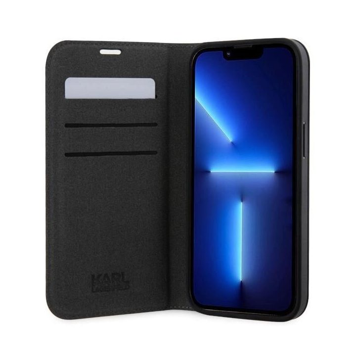 Karl Lagerfeld KLBKP14LSANKCPK iPhone 14 Pro 6,1 knygų dėklas juoda/juoda Saffiano Karl & Choupette