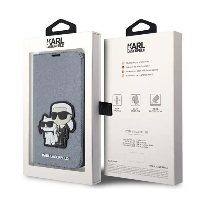 Karl Lagerfeld KLBKP14XSANKCPG iPhone 14 Pro Max 6,7 knygų dėklas sidabrinis/sidabrinis Saffiano Karl & Choupette