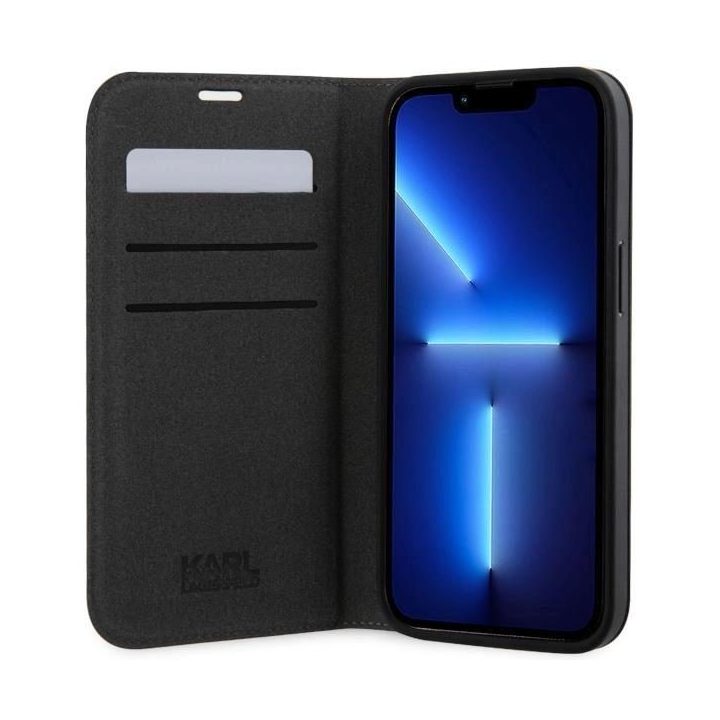 Karl Lagerfeld KLBKP14XSANKCPG iPhone 14 Pro Max 6,7 knygų dėklas sidabrinis/sidabrinis Saffiano Karl & Choupette