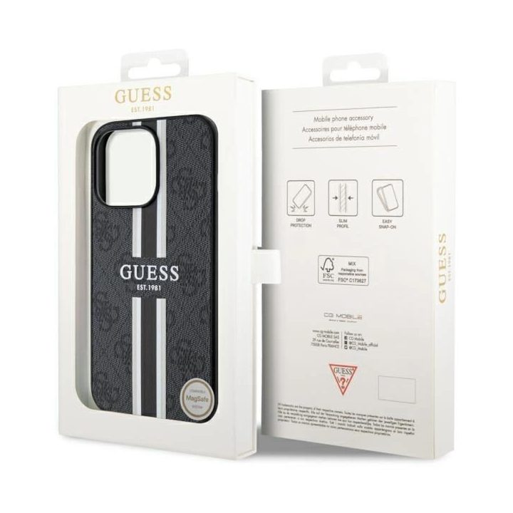 Guess GUHMP13LP4RPSK iPhone 13 Pro / 13 6,1 juodos/juodos spalvos deklas 4G Printed Stripes MagSafe
