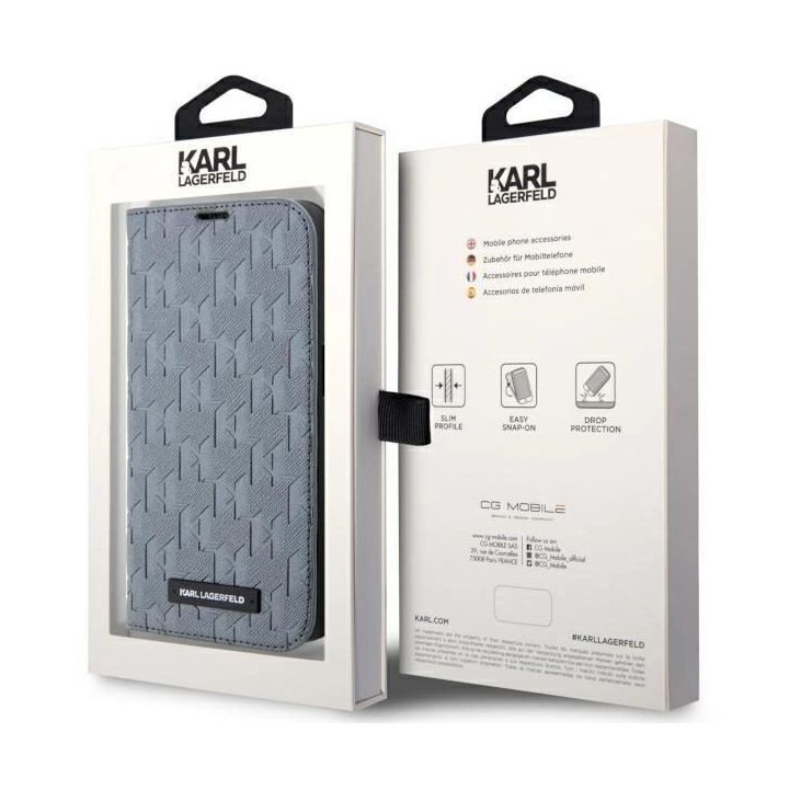 Karl Lagerfeld KLBKP14SSAKLHPG iPhone 14 6,1 knygų dėklas sidabrinis/sidabrinis Saffiano Monogram