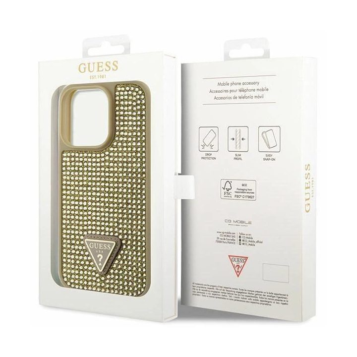 Guess GUHCP14LHDGTPD iPhone 14 Pro 6,1 aukso/aukso spalvos deklas Rhinestone Triangle