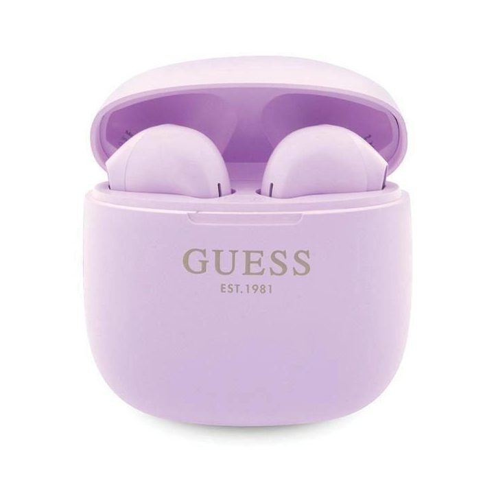 Guess GUTWST26PSU TWS Bluetooth ausinės + prijungimo stotelė - violetinės spalvos Classic EST logotipas