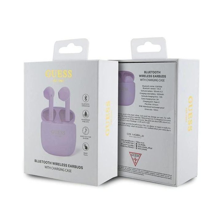 Guess GUTWST26PSU TWS Bluetooth ausinės + prijungimo stotelė - violetinės spalvos Classic EST logotipas