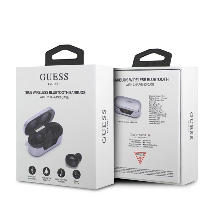 Guess GUTWST31EU TWS Bluetooth ausinės + prijungimo stotelė violetinė/violetinė
