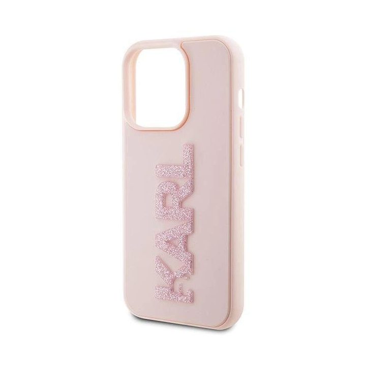 Karl Lagerfeld 3D guminis blizgantis dėklas su logotipu iPhone 15 Pro Max - rožinis