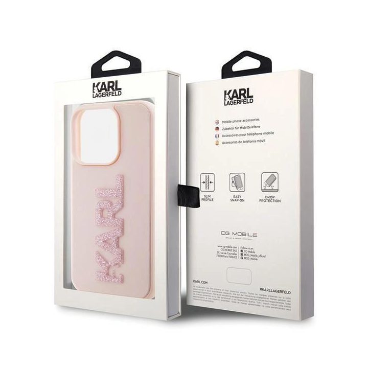 Karl Lagerfeld 3D guminis blizgantis dėklas su logotipu iPhone 15 Pro Max - rožinis