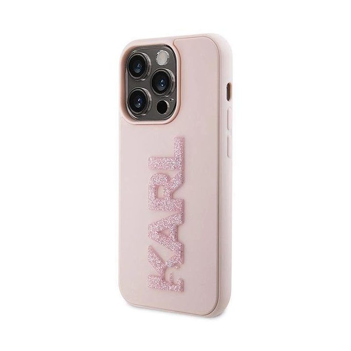 Karl Lagerfeld 3D guminis blizgantis dėklas su logotipu iPhone 15 Pro Max - rožinis