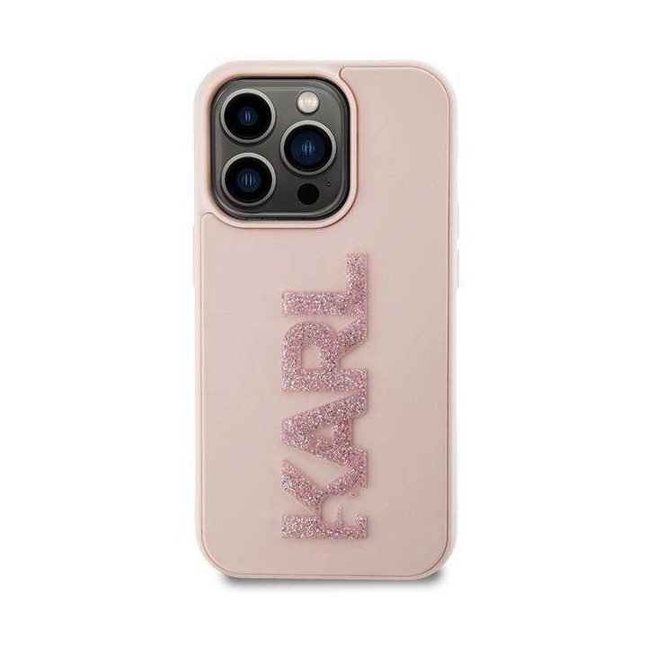 Karl Lagerfeld 3D guminis blizgantis dėklas su logotipu iPhone 15 Pro Max - rožinis