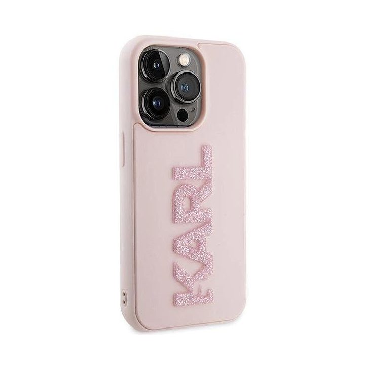Karl Lagerfeld 3D guminis blizgantis dėklas su logotipu iPhone 15 Pro Max - rožinis