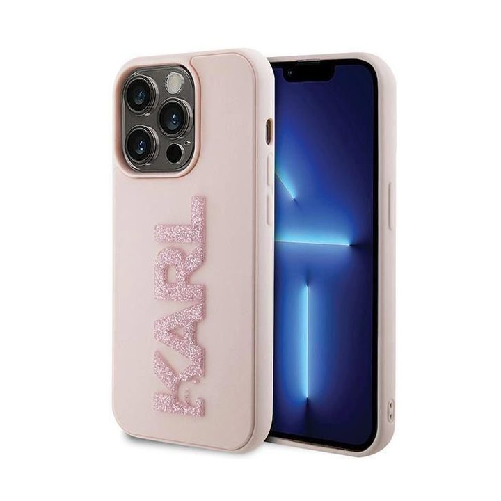 Karl Lagerfeld 3D guminis blizgantis dėklas su logotipu iPhone 15 Pro Max - rožinis