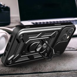 Hybrid Armor Camshield dėklas su stovu ir fotoaparato dangteliu iPhone 15 Plus - juodas
