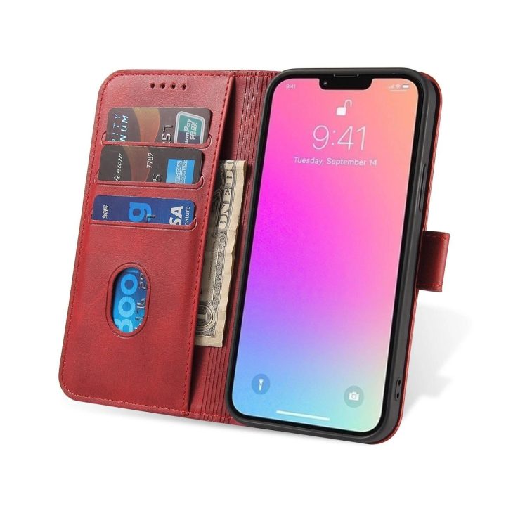 Piniginės dėklas su stovu iPhone 15 Pro Max magnetiniam dėklui - raudonas