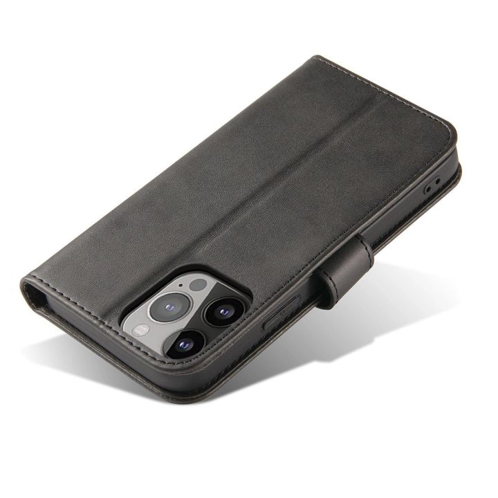 Piniginės dėklas su stovu iPhone 15 Pro magnetinis dėklas - juodas