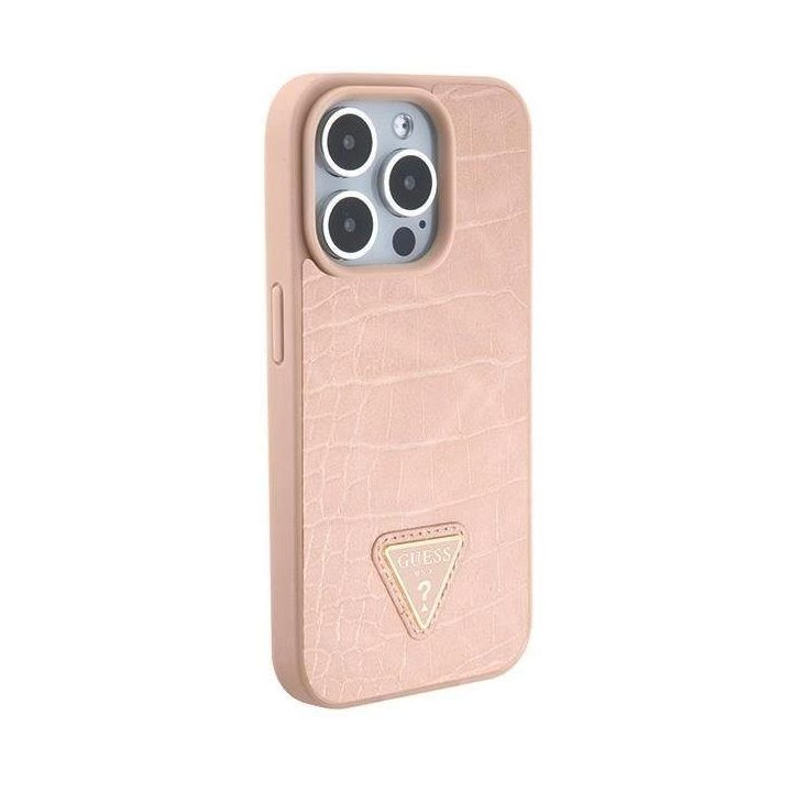 Guess Croco“ trikampio metalinio logotipo dėklas iPhone 15 Pro“ – rožinis