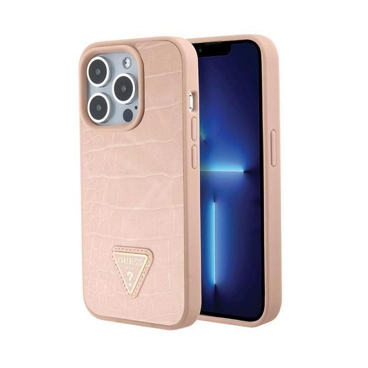 Guess Croco“ trikampio metalinio logotipo dėklas iPhone 15 Pro“ – rožinis