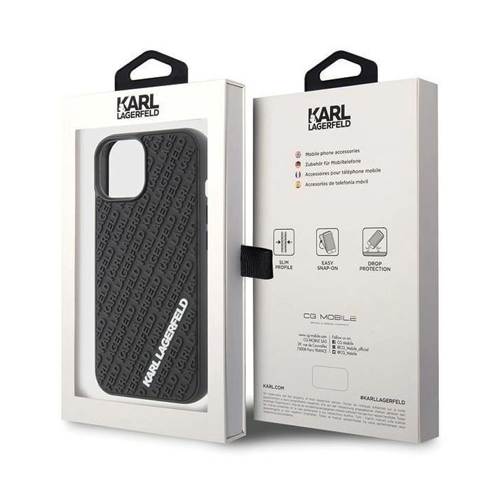 Karl Lagerfeld 3D guminis dėklas su keliais logotipais iPhone 15 - juodas
