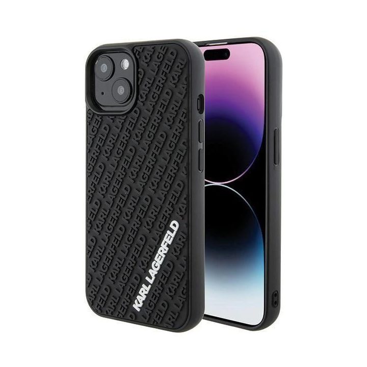 Karl Lagerfeld 3D guminis dėklas su keliais logotipais iPhone 15 - juodas