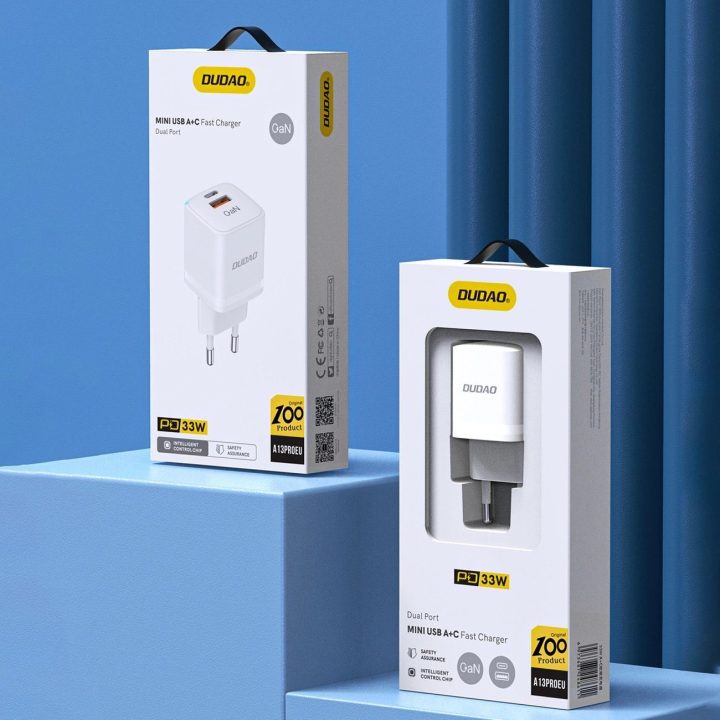 Sieninis įkroviklis GaN 33W PPS USB C/USB A13Pro - baltas