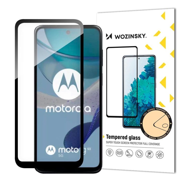 Ilgaamžis pilnai klijuotas grūdintas stiklas, skirtas Motorola G53 visam ekranui su rėmeliu - juodas