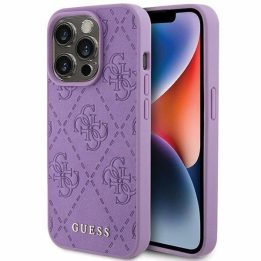 Guess odinis 4G antspauduotas dėklas iPhone 15 Pro Max - violetinis