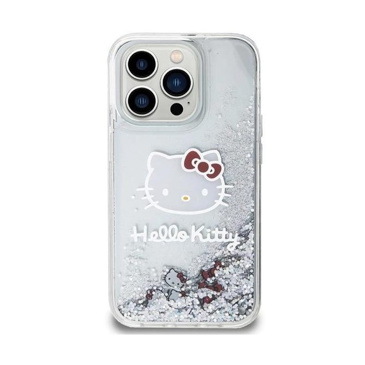 Hello Kitty Liquid Glitter Charms Kitty Head dėklas iPhone 15 Pro - sidabrinis