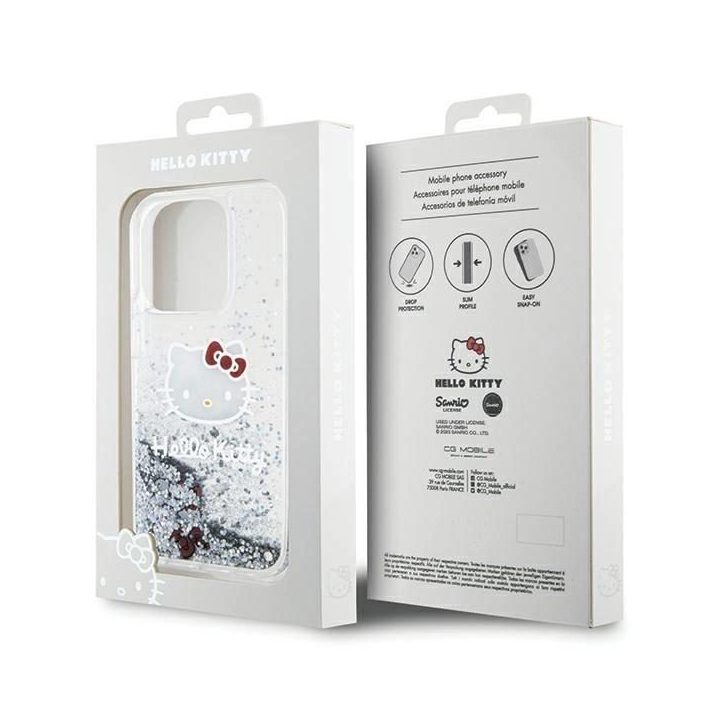 Hello Kitty Liquid Glitter Charms Kitty Head dėklas iPhone 15 Pro - sidabrinis