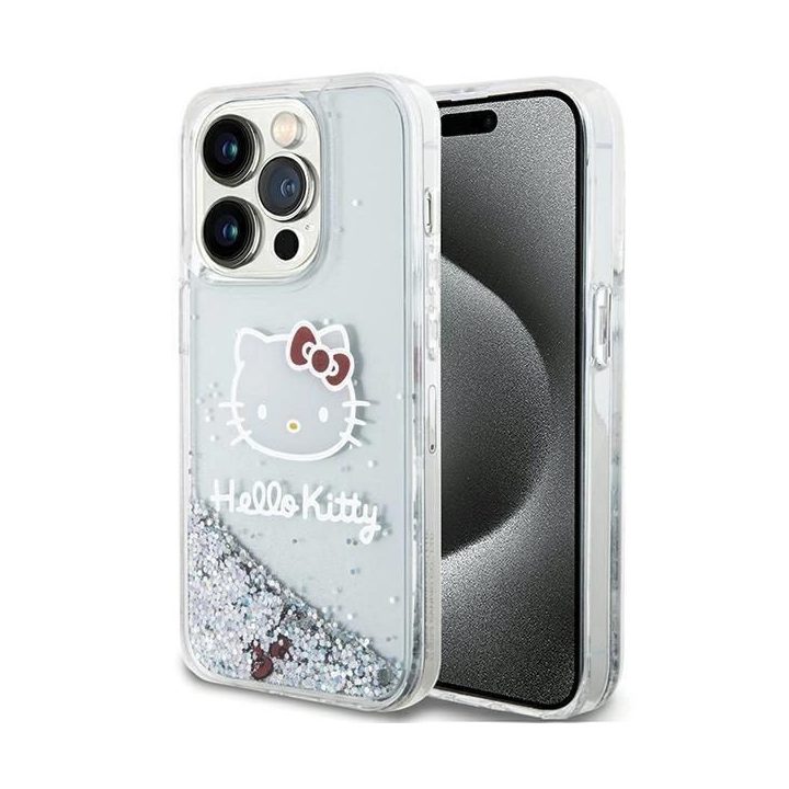 Hello Kitty Liquid Glitter Charms Kitty Head dėklas iPhone 15 Pro - sidabrinis