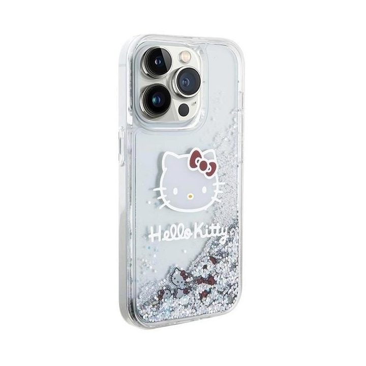 Hello Kitty Liquid Glitter Charms Kitty Head dėklas iPhone 15 Pro - sidabrinis