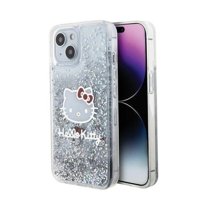 Hello Kitty Liquid Glitter Charms Kitty Head dėklas iPhone 15 - sidabrinis