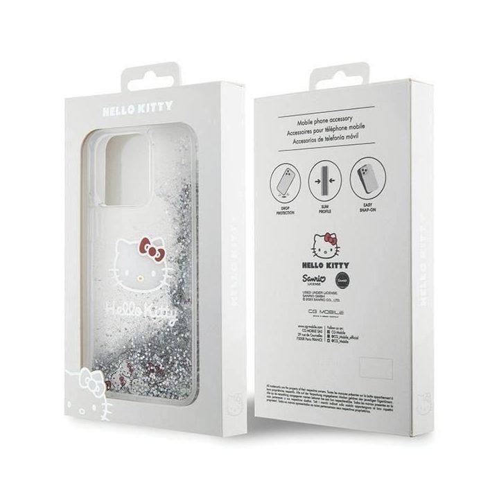 Hello Kitty Liquid Glitter Charms Kitty Head dėklas iPhone 15 Pro Max - sidabrinis