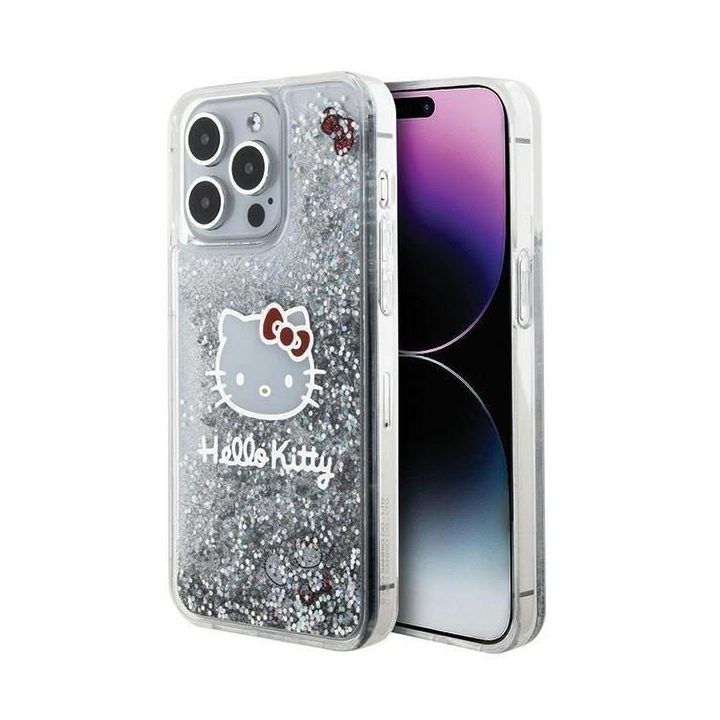 Hello Kitty Liquid Glitter Charms Kitty Head dėklas iPhone 15 Pro Max - sidabrinis