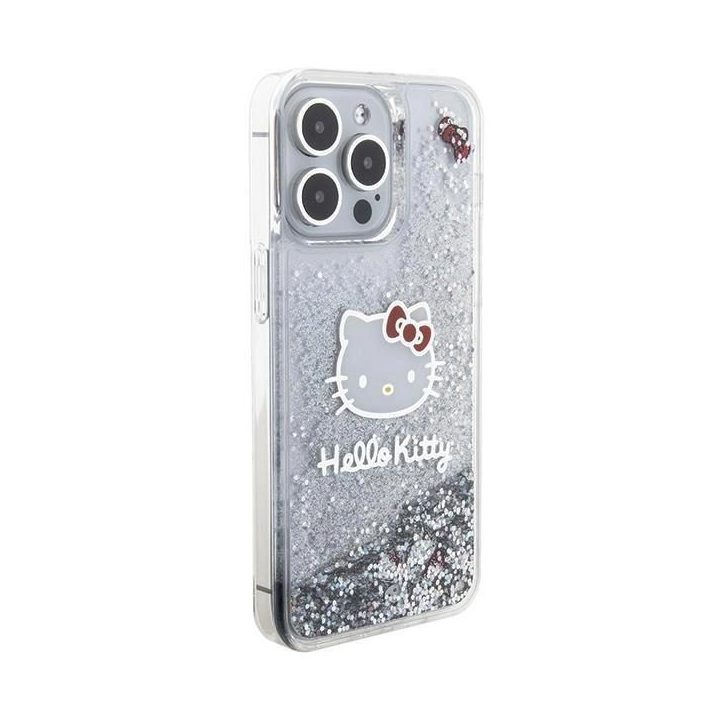 Hello Kitty Liquid Glitter Charms Kitty Head dėklas iPhone 15 Pro Max - sidabrinis