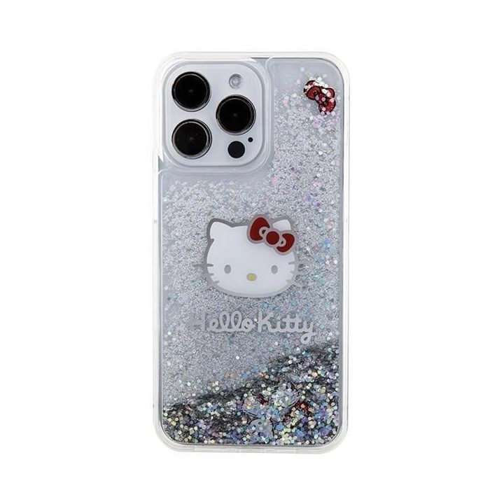 Hello Kitty Liquid Glitter Charms Kitty Head dėklas iPhone 15 Pro Max - sidabrinis