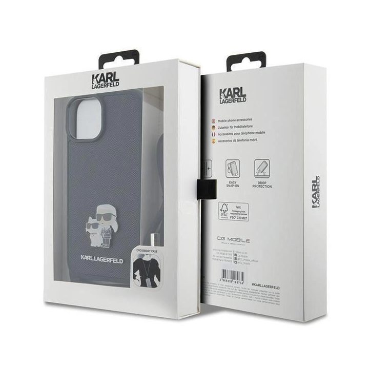 Karl Lagerfeld Crossbody Saffiano Metal Pin Karl & Choupette dėklas iPhone 15 Plus - juodas