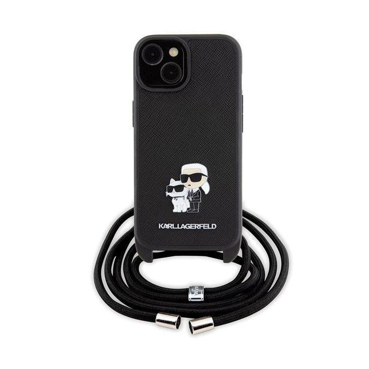 Karl Lagerfeld Crossbody Saffiano Metal Pin Karl & Choupette dėklas iPhone 15 Plus - juodas