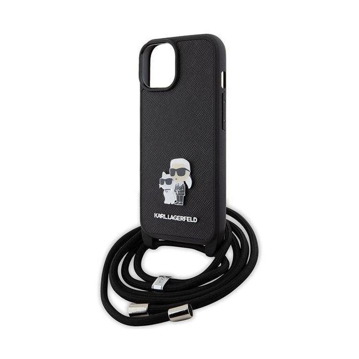 Karl Lagerfeld Crossbody Saffiano Metal Pin Karl & Choupette dėklas iPhone 15 Plus - juodas