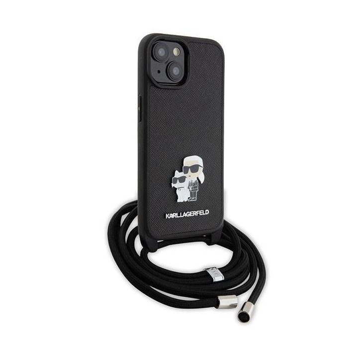 Karl Lagerfeld Crossbody Saffiano Metal Pin Karl & Choupette dėklas iPhone 15 Plus - juodas