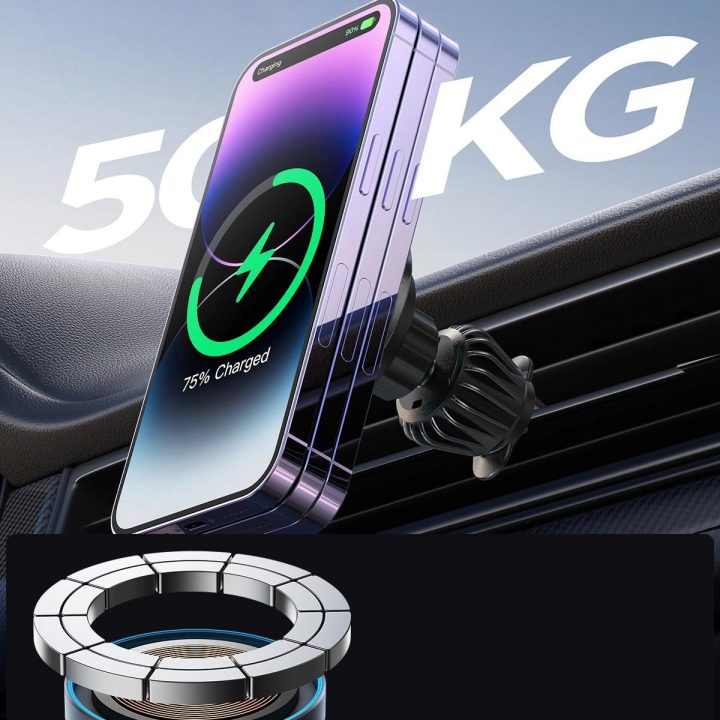 magnetinis automobilio laikiklis 15 W belaidis įkroviklis, skirtas ventiliacijos angai, juodas