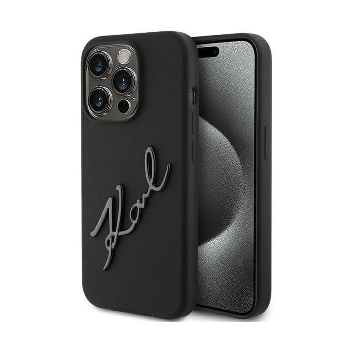 silikoninis Karl Script dėklas iPhone 15 Pro - juodas