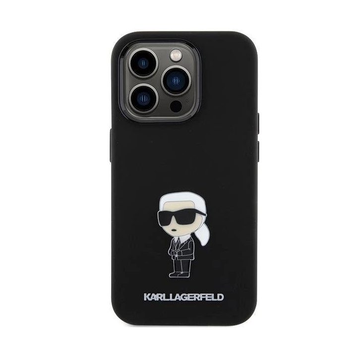 Karl Lagerfeld silikoninis Ikonik Metal Pin dėklas iPhone 15 Pro - juodas