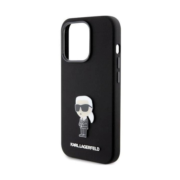 Karl Lagerfeld silikoninis Ikonik Metal Pin dėklas iPhone 15 Pro - juodas