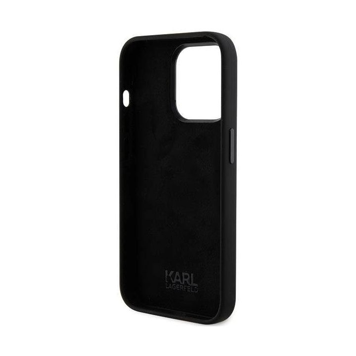 Karl Lagerfeld silikoninis Ikonik Metal Pin dėklas iPhone 15 Pro - juodas