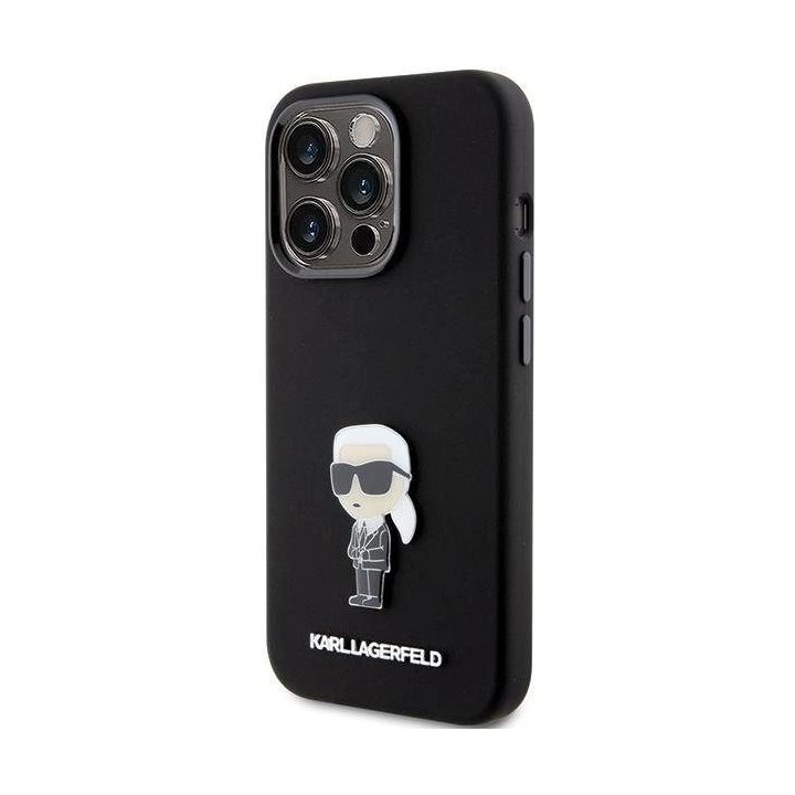 Karl Lagerfeld silikoninis Ikonik Metal Pin dėklas iPhone 15 Pro - juodas