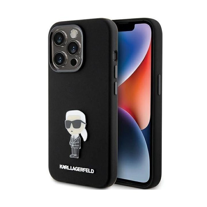 Karl Lagerfeld silikoninis Ikonik Metal Pin dėklas iPhone 15 Pro - juodas