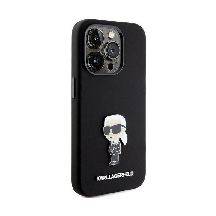 Karl Lagerfeld silikoninis Ikonik Metal Pin dėklas iPhone 15 Pro - juodas