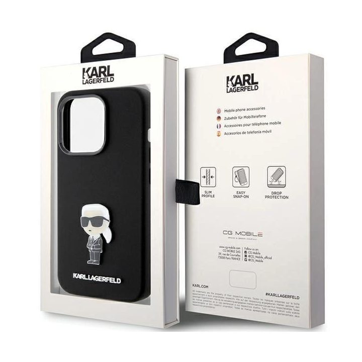 Karl Lagerfeld silikoninis Ikonik Metal Pin dėklas iPhone 15 Pro - juodas
